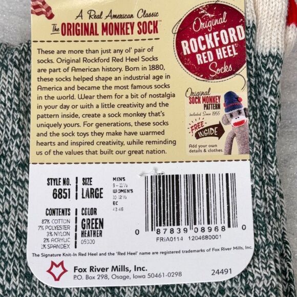Two Pairs GREEN Rockford Red Heel Socks LARGE Sock Monkey USA Fox River Mills - Picture 5 of 5